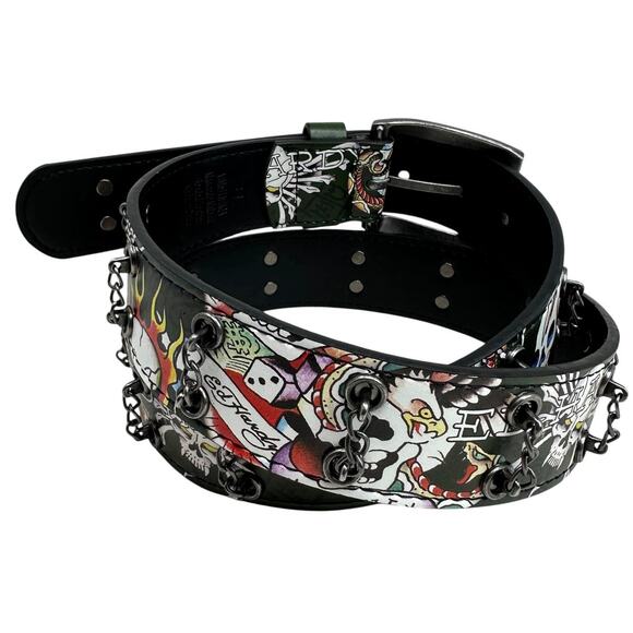 Ed Hardy Men's Skull Tattoo Olive Belt With Chains - Picture 3 of 7